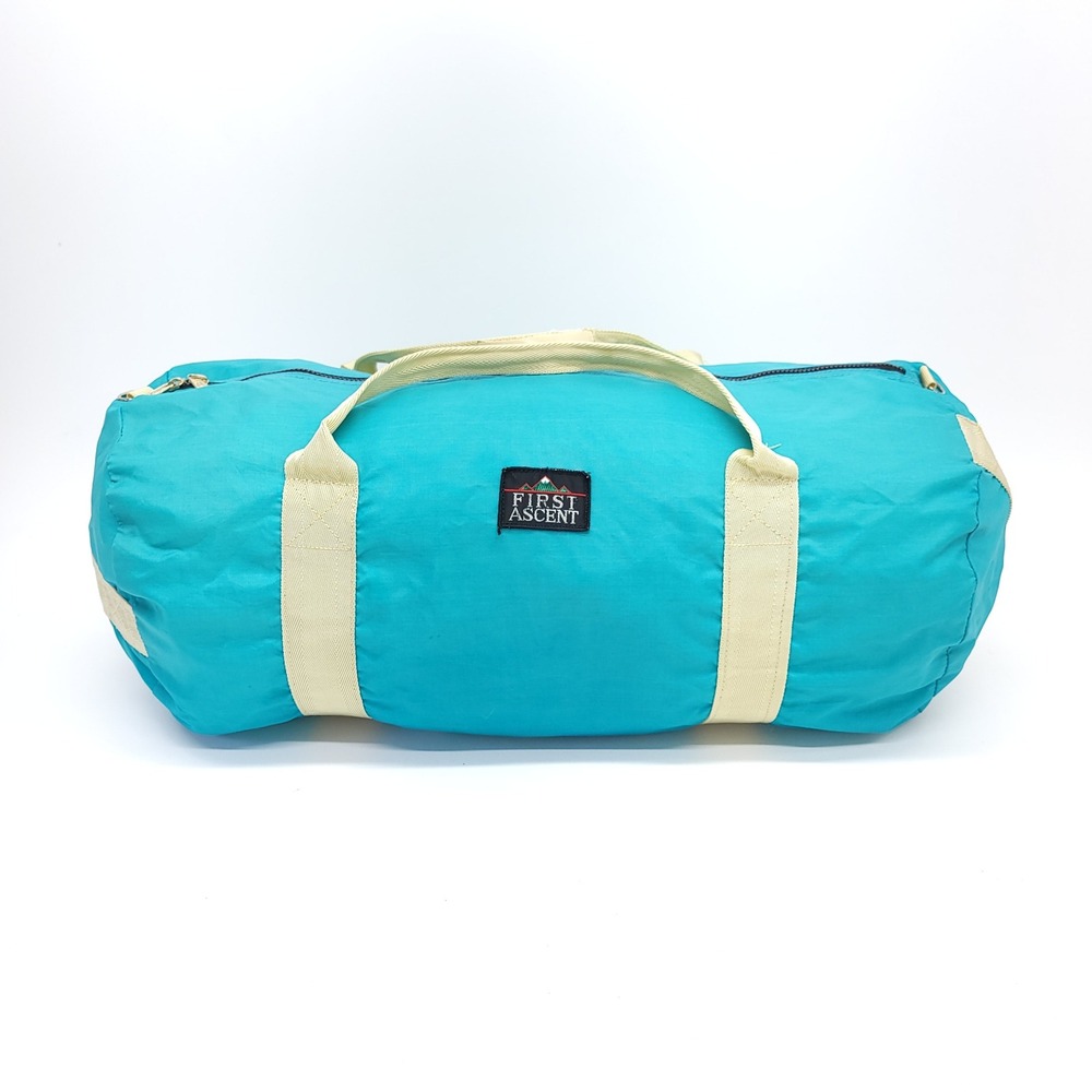Vintage 70s First Ascent Duffle Bag  Sleeping Bag Bag -‎ Teal & Gold